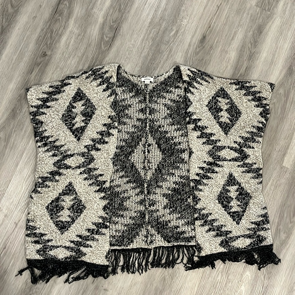 Navy blue and gray cardigan with fringe